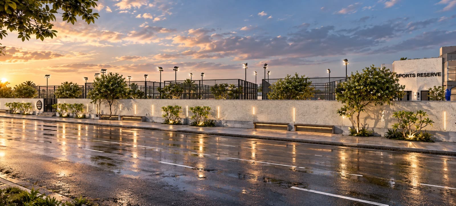 Terrazzo wall with warm LED strips at dusk, floodlit courts behind