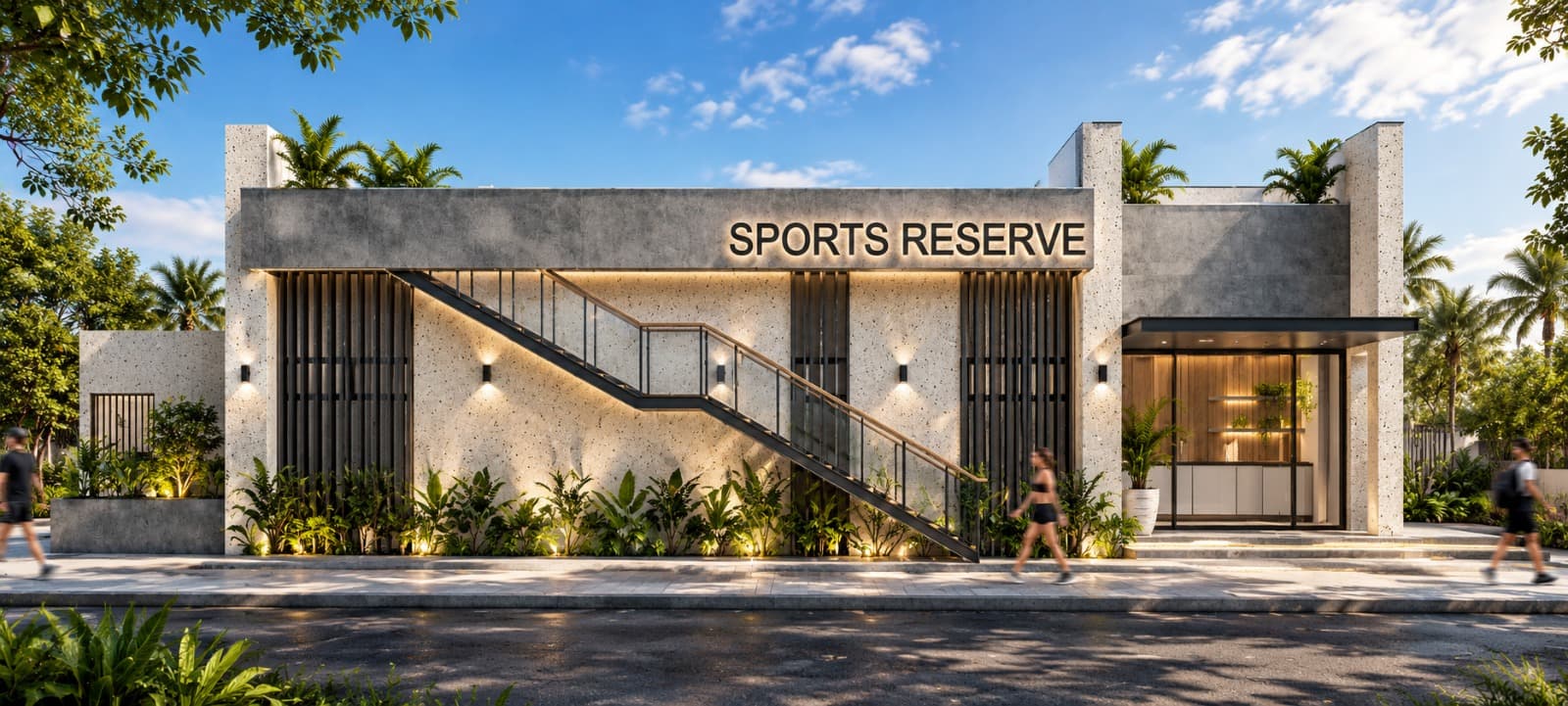 The clubhouse: terrazzo facade, black steel stair and backlit signage