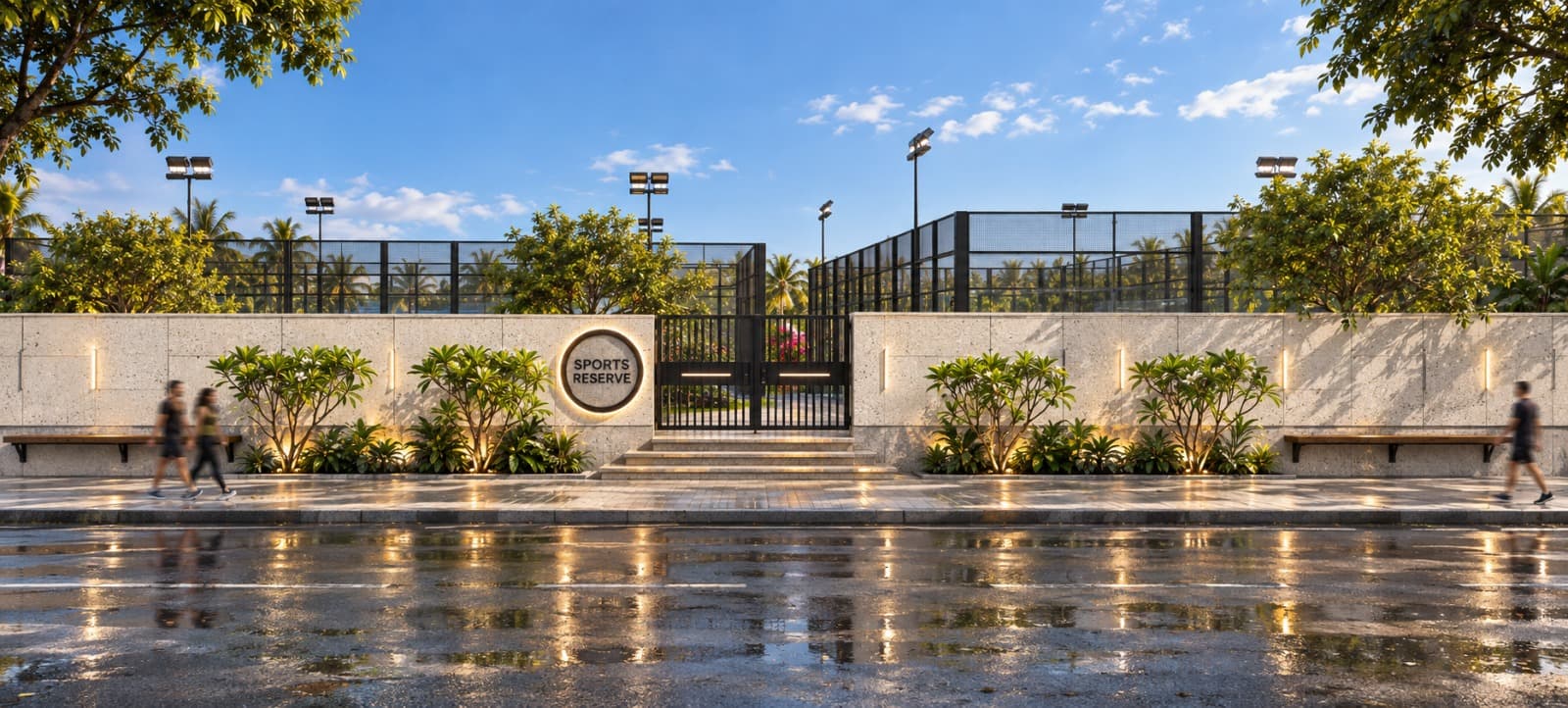 The gate with the circular sign, courts behind the terrazzo wall